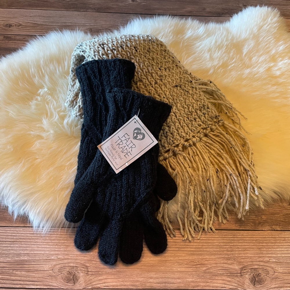 Australian Marino Wool Gloves and Handkniit Scarf Set